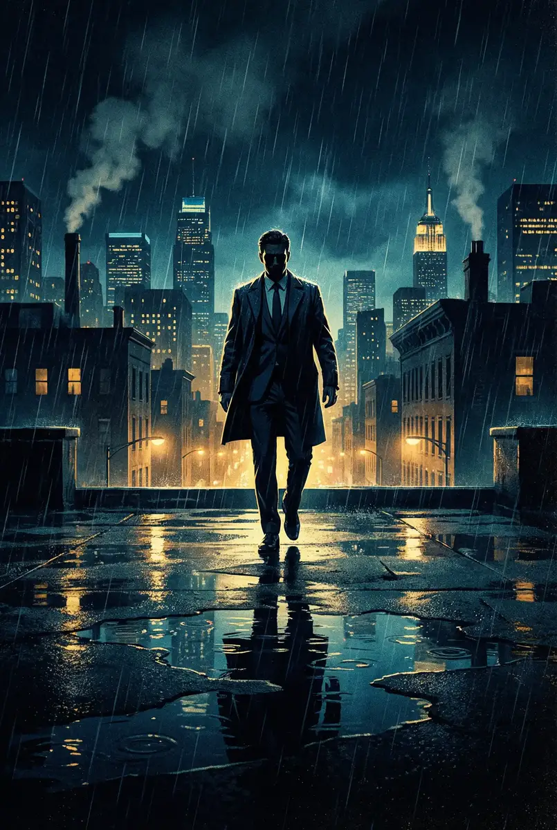 717电影网官网 出品影片《雨夜独行者》海报，雨中城市屋顶男性剪影